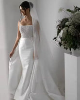 New Elegant Spaghetti Straps Mermaid Pearls Beaded Wedding Dresses With Detachable Train Bridal Gowns vestidos de novia 14W